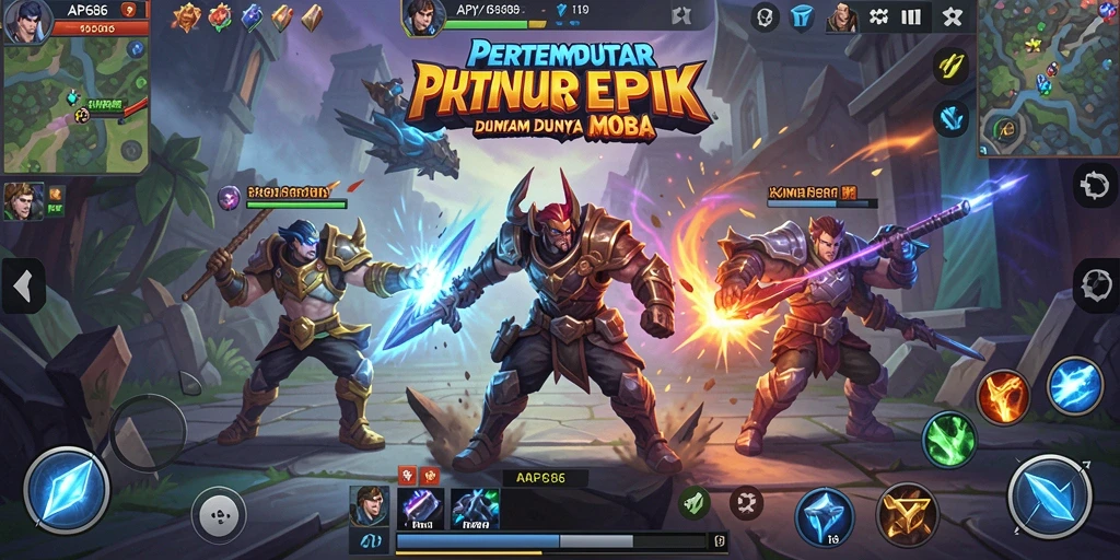 Screenshot gameplay AP686 menampilkan aksi pertarungan MOBA yang seru.