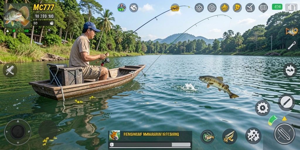 Tampilan utama gameplay MC777 dengan aksi memancing seru.